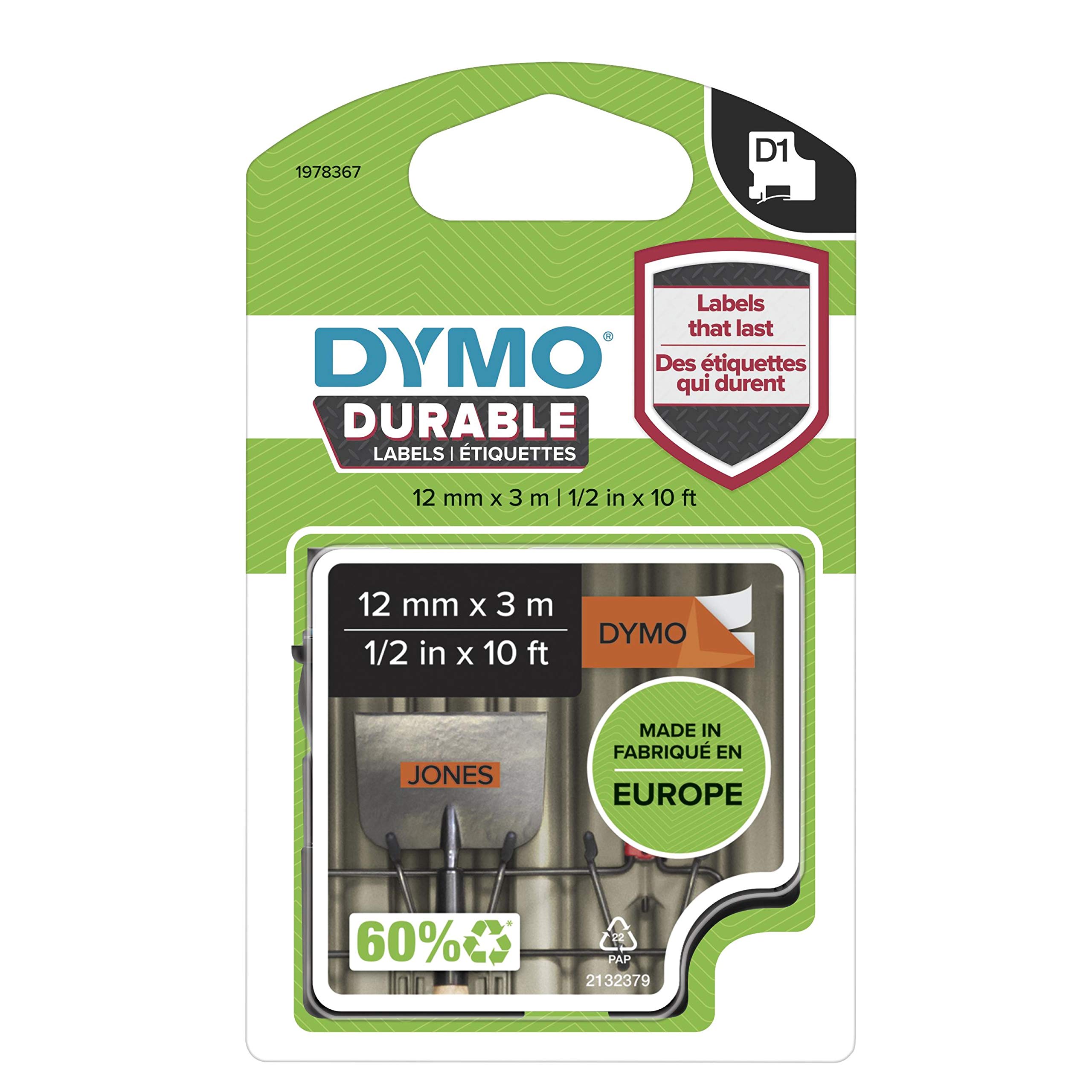 DYMO Authentic D1 Durable Labels | Black Print on Orange Tape | 12 mm x 3 m | High-Performance Label Tape for LabelManager Label Makers