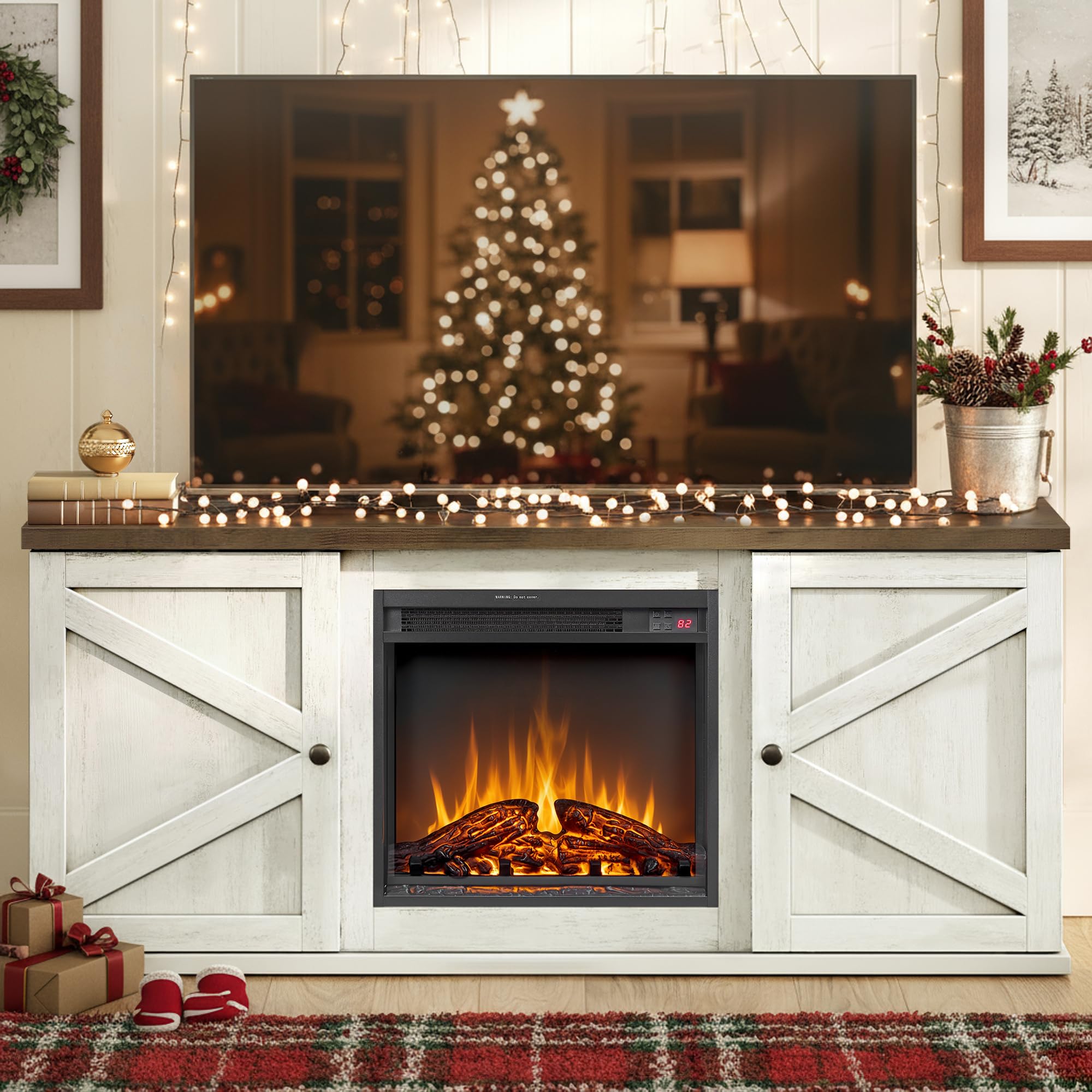 VASAGLE Fireplace TV Stand for TVs up to 65 Inches, 18-Inch ELectric Fireplace with Remote, Farmhouse Entertainment Center, Media Console Table for Living Room, Rustic White and Honey Brown ULTV540W01 Image