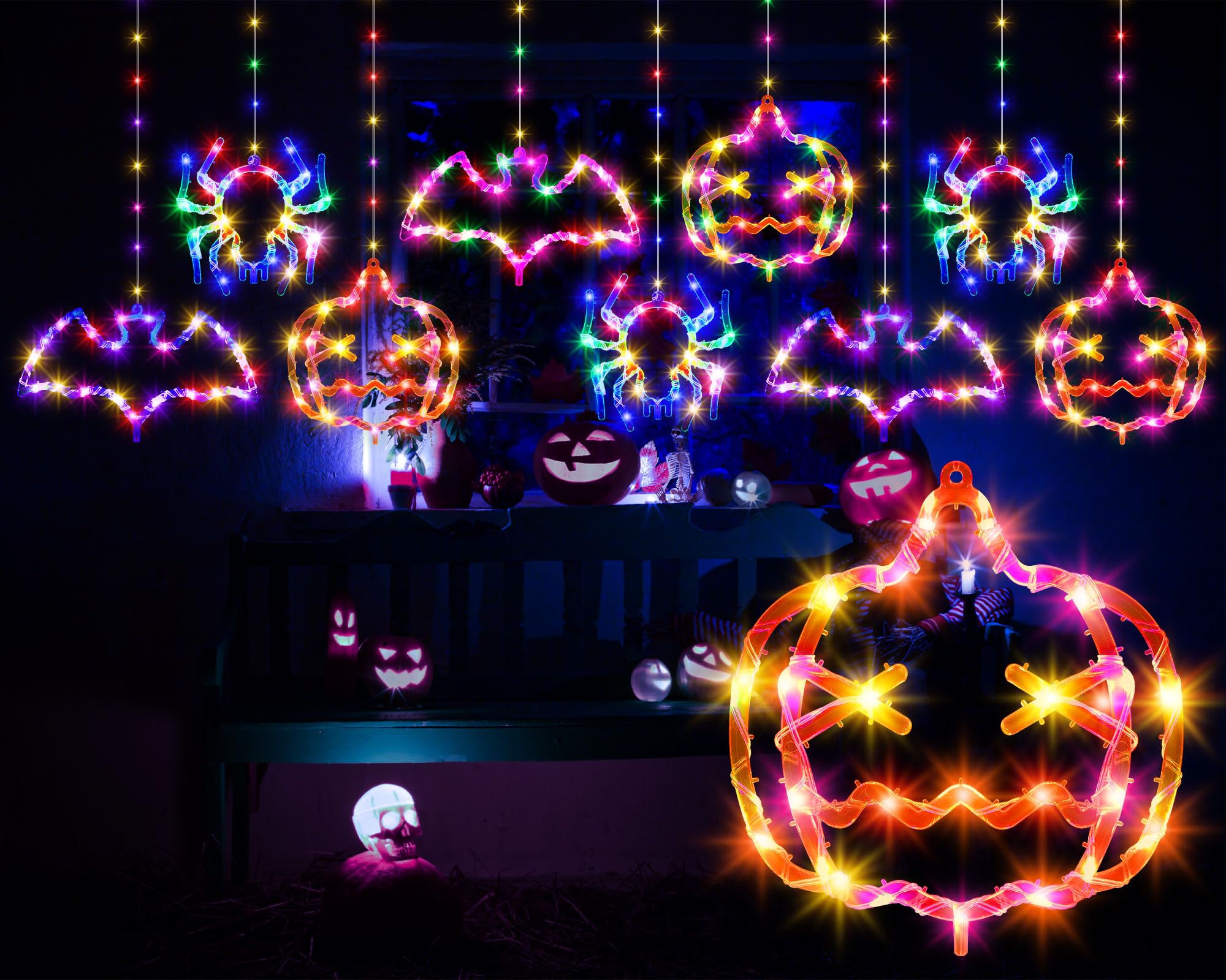 Photo 1 of Halloween Window Lights, Hanging Halloween Curtain String Light Pumpkin Bat Spider with Plug 8 Modes 180 LEDs Outdoor Indoor Lighted Decorations for Window Curtain Door Yard Lawn Pathway Wall
