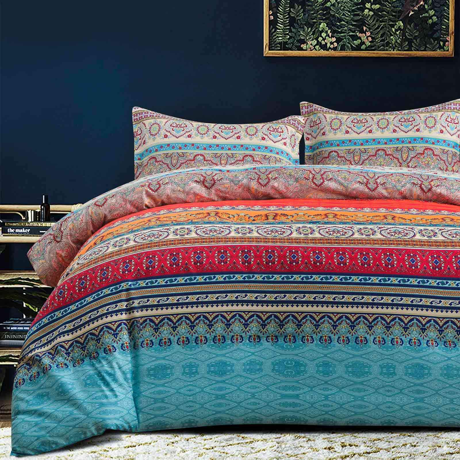 Photo 1 of Nanko Comforter Set Queen Size, 3pc Boho Red Blue Colorful Retro Striped Pattern Print 88 x 90 inch Reversible Comforter Microfiber Duvet Sets Bedding Bohemian Exotic Modern Farmhouse for Men Women
