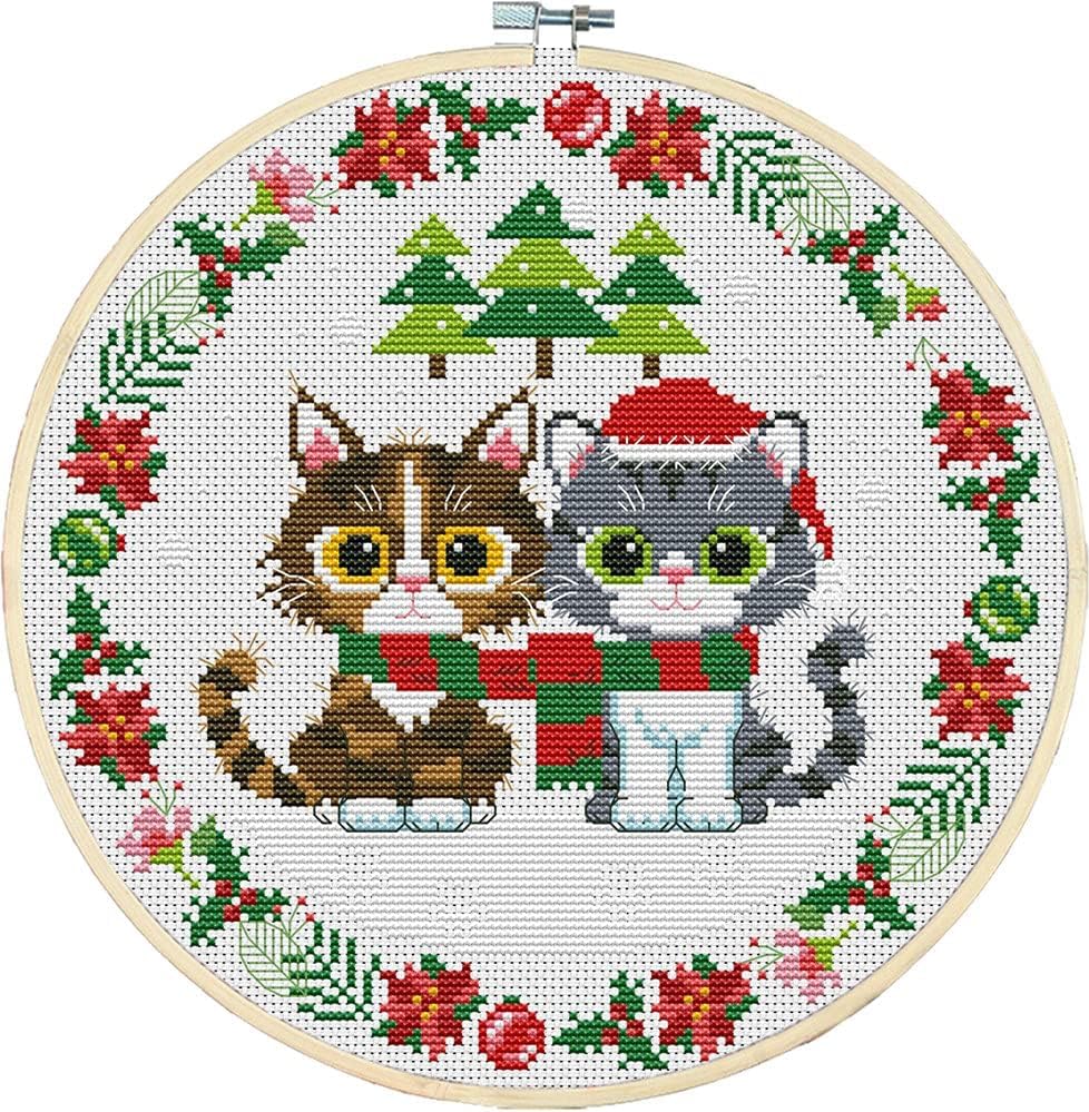 Gofission 11ct Stamped Cross Stitch Kits for Adults Beginners, Animals Two Christmas Kittens Tree and Wreath DIY Pre Printed Cross Stitch Embroidery Set with Accessories Wall Decor 35x35cm