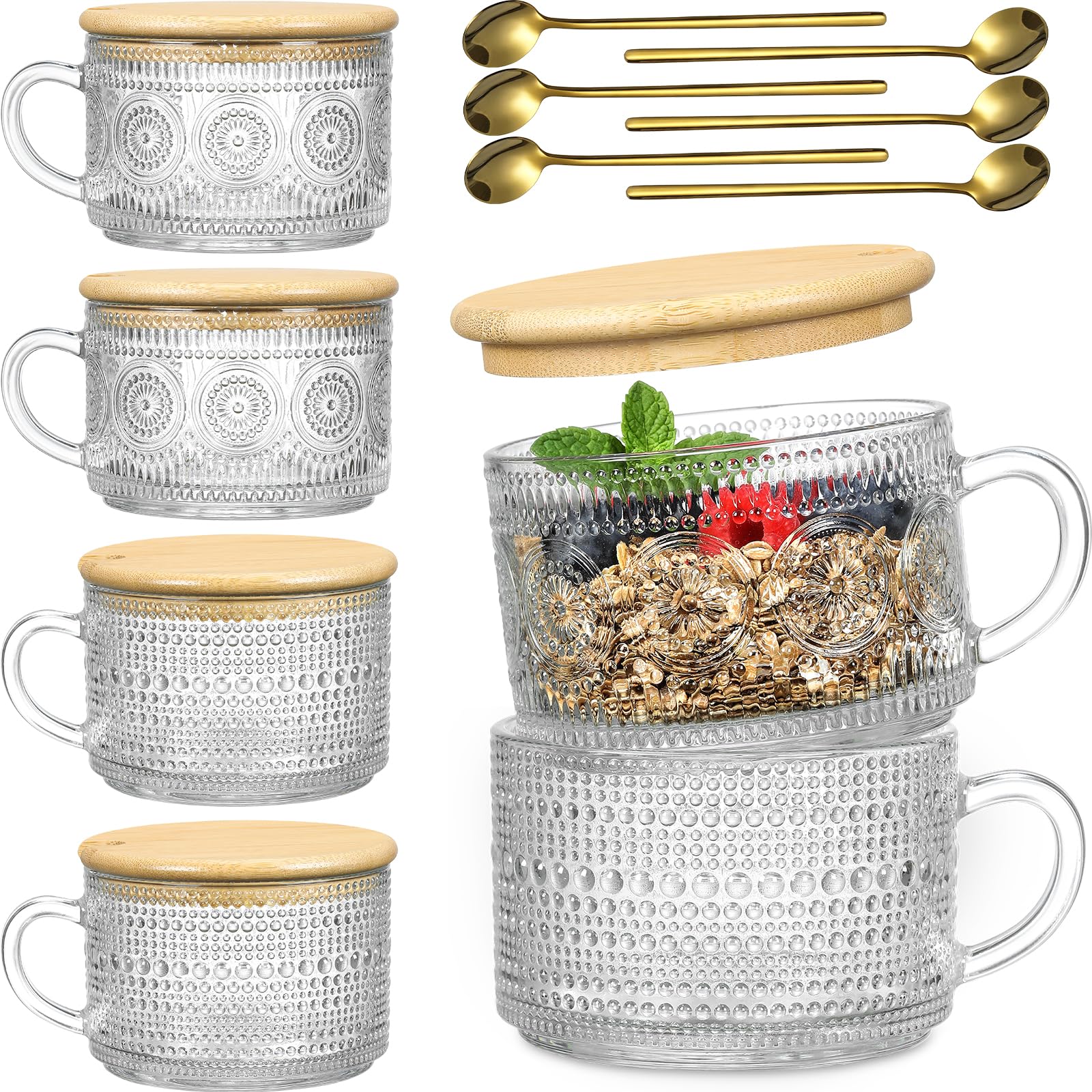 Photo 1 of LANDNEOO 6 Pack 14oz Vintage Glass Coffee Mugs with Bamboo Lids and Spoons, Green Embossed Drinking Glasses for Iced Coffee, Tea, Latte