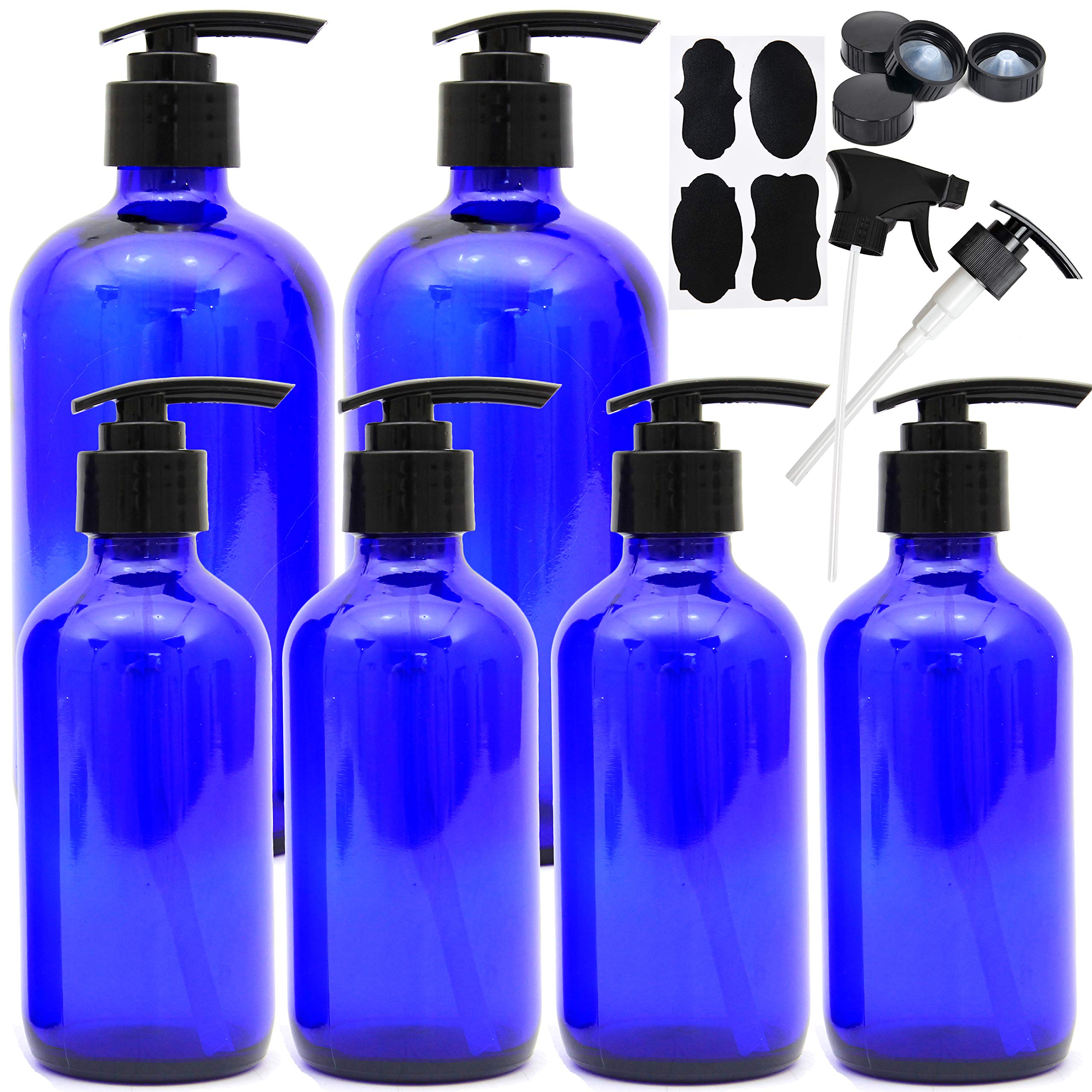 Youngever 6 Pack Blue Glass Pump Bottles Set, 2 Pack 500ML and 4 Pack 250ML Pump Bottles, Soap Dispenser, Refillable Containers