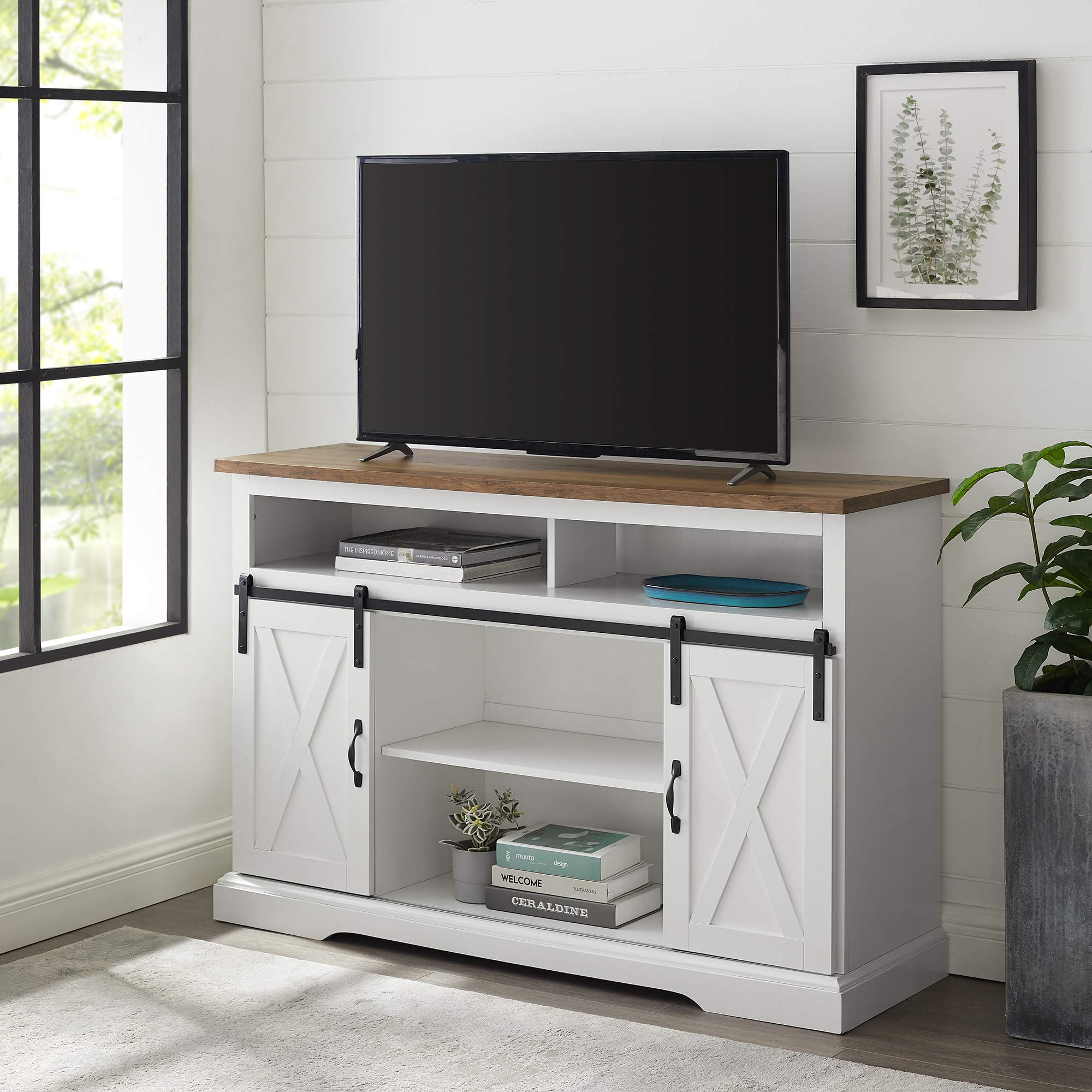 Walker Edison Clayton Farmhouse Sliding Double Barn Door TV Stand for TVs up to 58 Inches, 52 Inch, Solid White