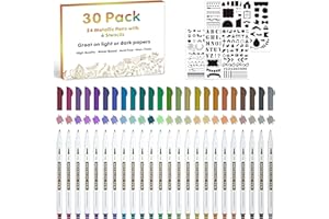 30 Pack Metallic Marker Pens, Lineon 24 Colors Fine Tip Paint Pens with 6 Stencils for DIY Craft Photo Album Rock Art Painting Card Making Glass Wood