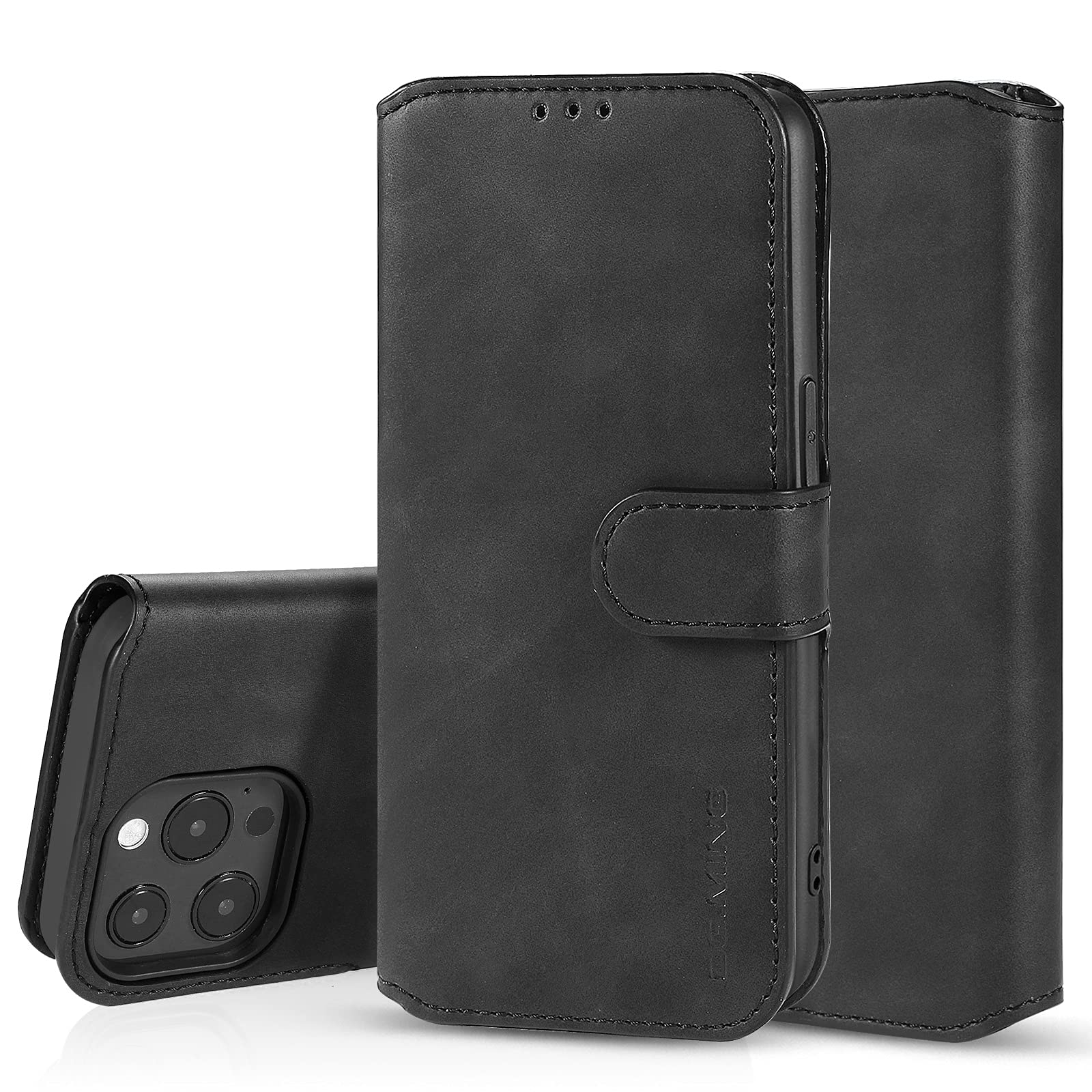 UEEBAI Case for iPhone 13 Pro 6.1 inch, Luxury PU Leather Case Vintage Wallet Flip Cover TPU Inner Shell [Card Slots] Magnetic Closure Stand Function Folio Shockproof Full Protection - Black