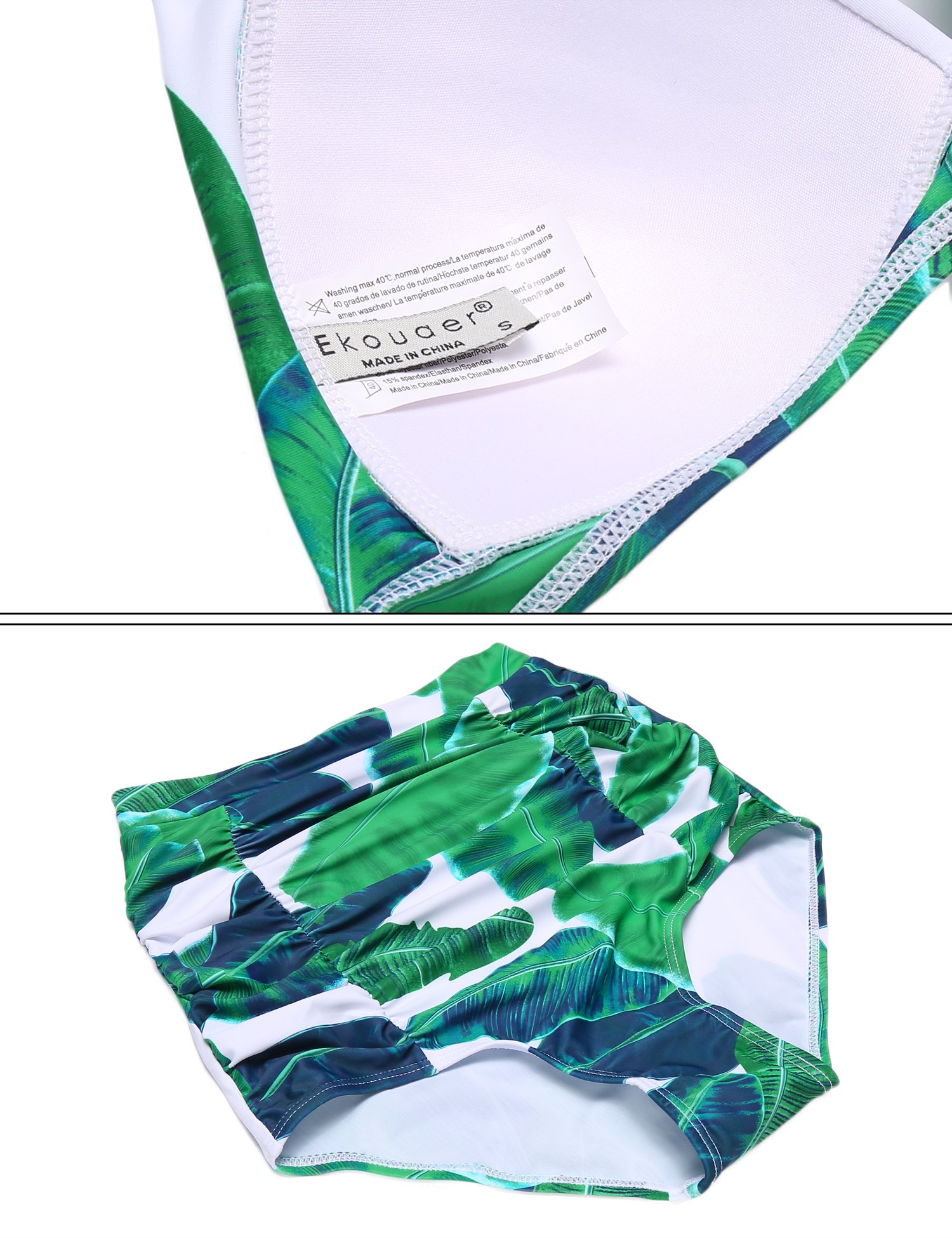 Ekouaer Two Piece High Waisted Swimsuits Halter 50s Retro Print Carnival Bikinis (Tropical Green Leaves, M)