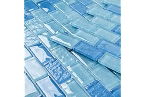 Adedeo Glass Mosaic Tile Light Blue Wave 12 x 12 Inch Glossy Glass Tile for Swimming Pool Backsplash Shower Waterline Fountain Spa Wall (5-Pack, 5 sq.ft.)