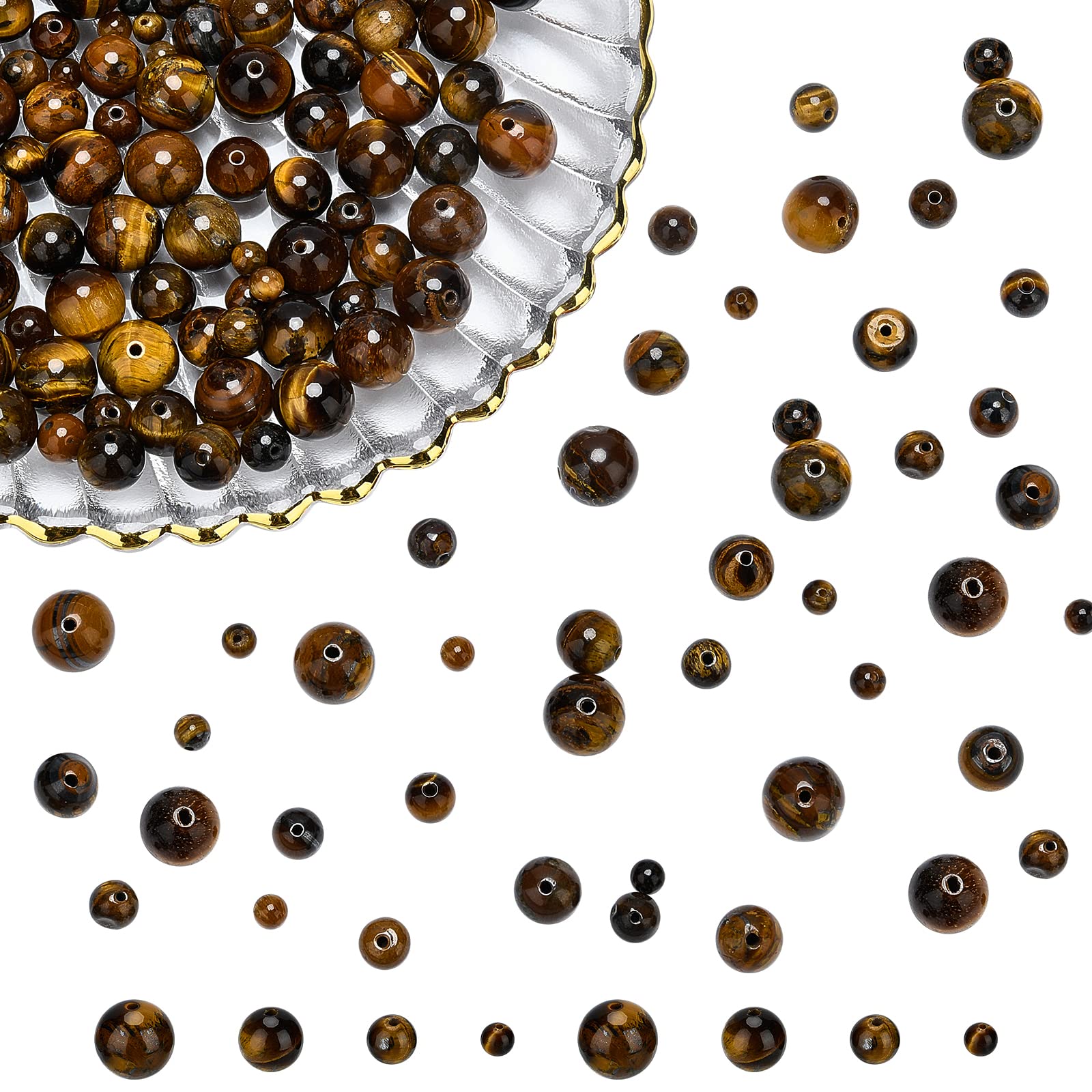 NBEADS 200 Pcs Natural Tiger Eye Gemstone, 4mm/6mm/8mm/10mm Grade AB Undyed Round Stone Loose Beads for Jewelry Crafts Making — image 1