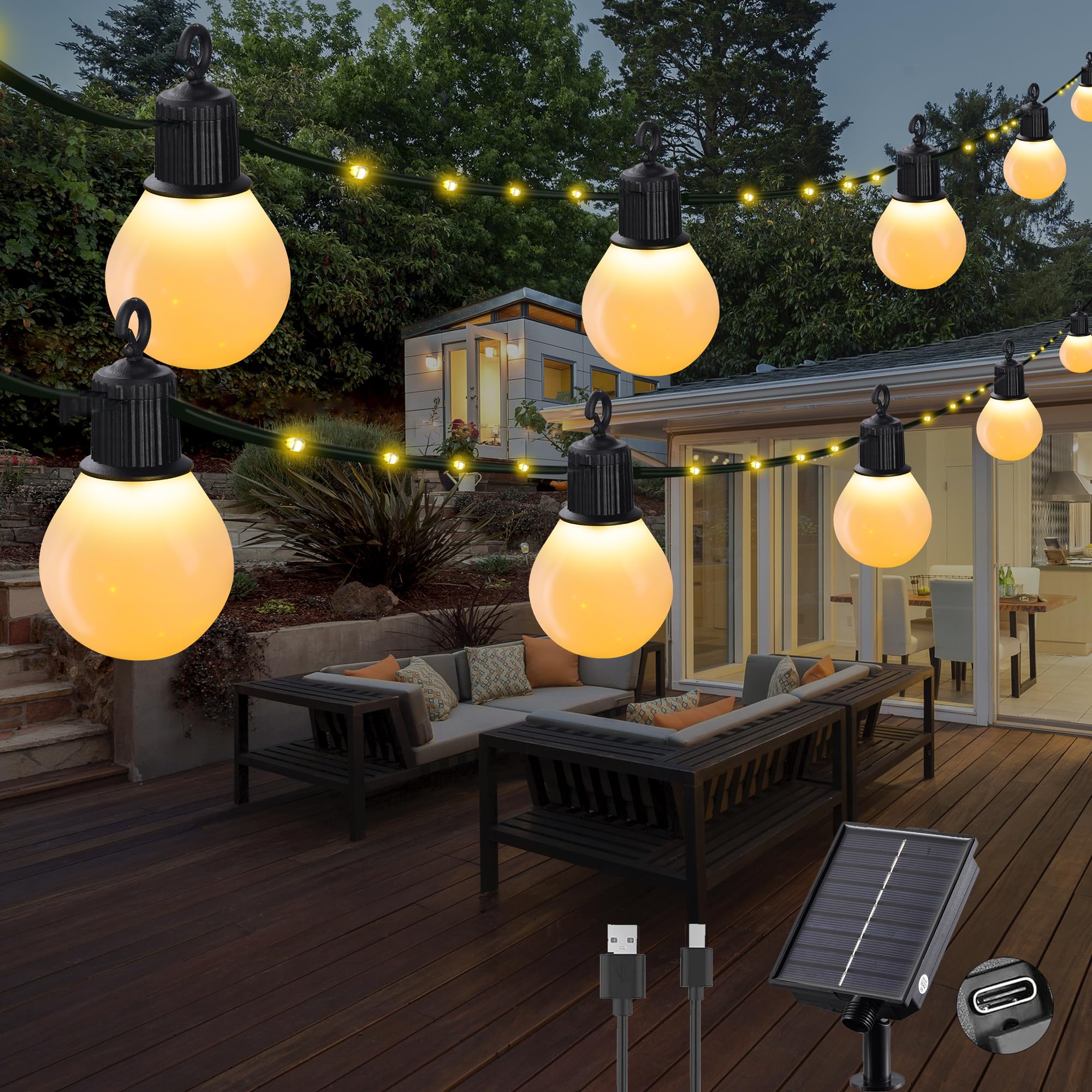 Tacobey Solar String Lights Outdoor Garden - 32.8Ft/10m 100 LED Solar Powered Fairy Lights with 20 Shatterproof G40 Blubs, USB Charging, 8 Modes Waterproof Lights, Garden Camping Decor - Warm White