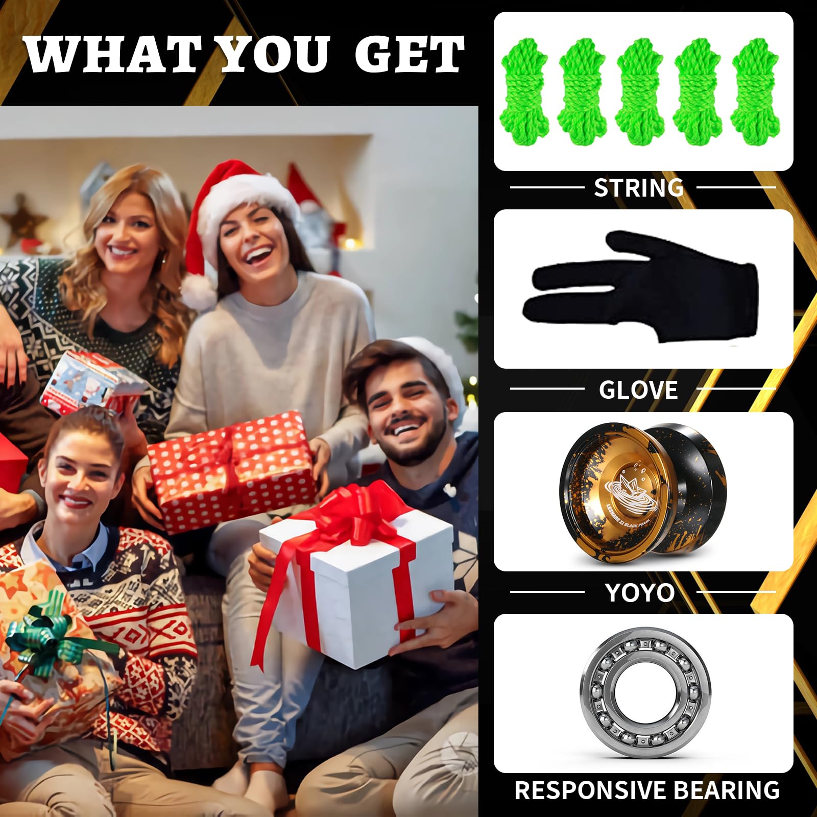 LESHARE X2 Dual-Mode Yoyo for Advanced Players & Kids Beginners - Convertible Unresponsive/Responsive Bearings, Gloves, 5 Strings-Black Gold