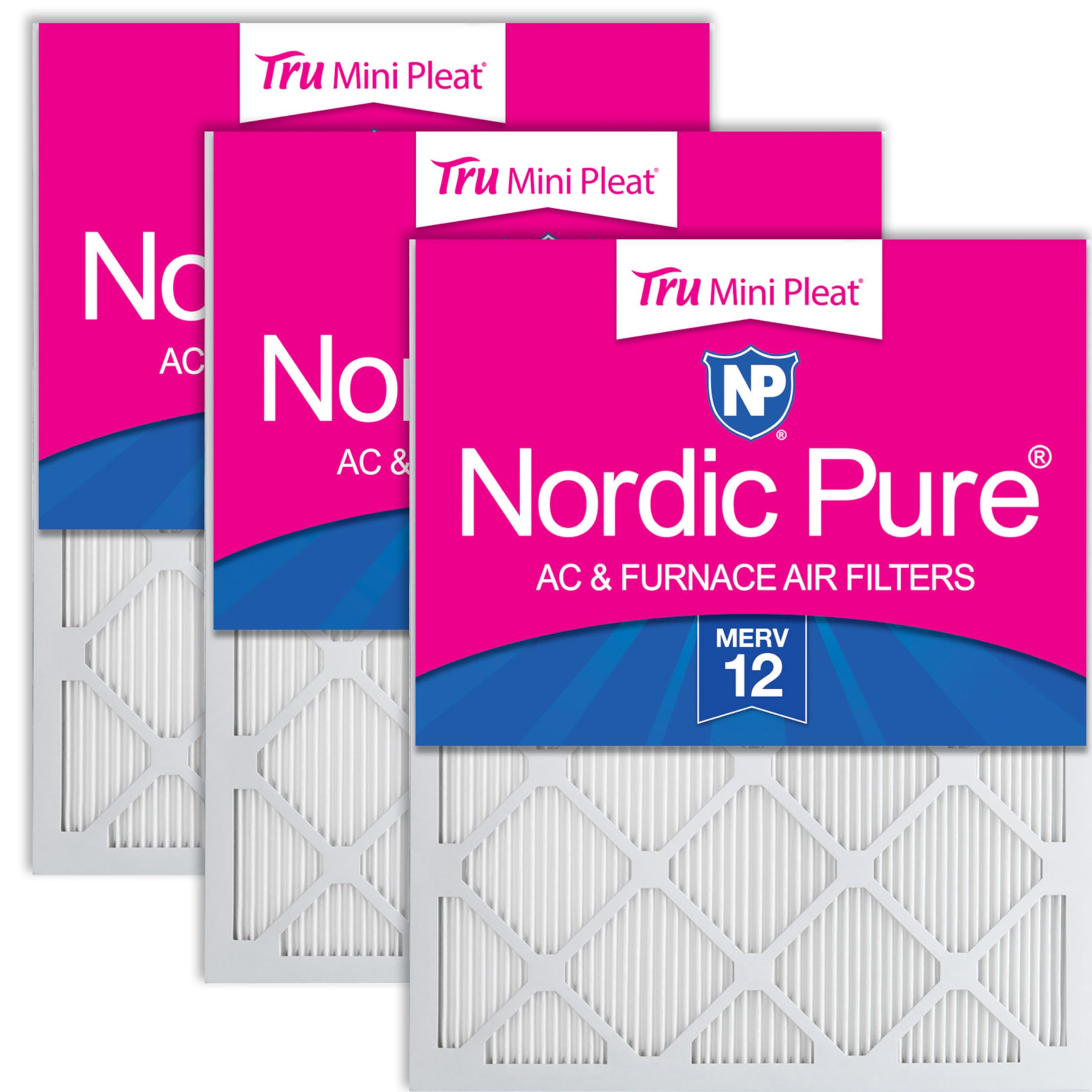 Nordic Pure 25x25x1 (Actual Size: 24 1/2 x 24 1/2 x 3/4) Tru Mini Pleat MERV 12 AC Furnace Air Filters – 2.5X More Media for Longer-Lasting, High-Efficiency Filtration - 3 Pack Image