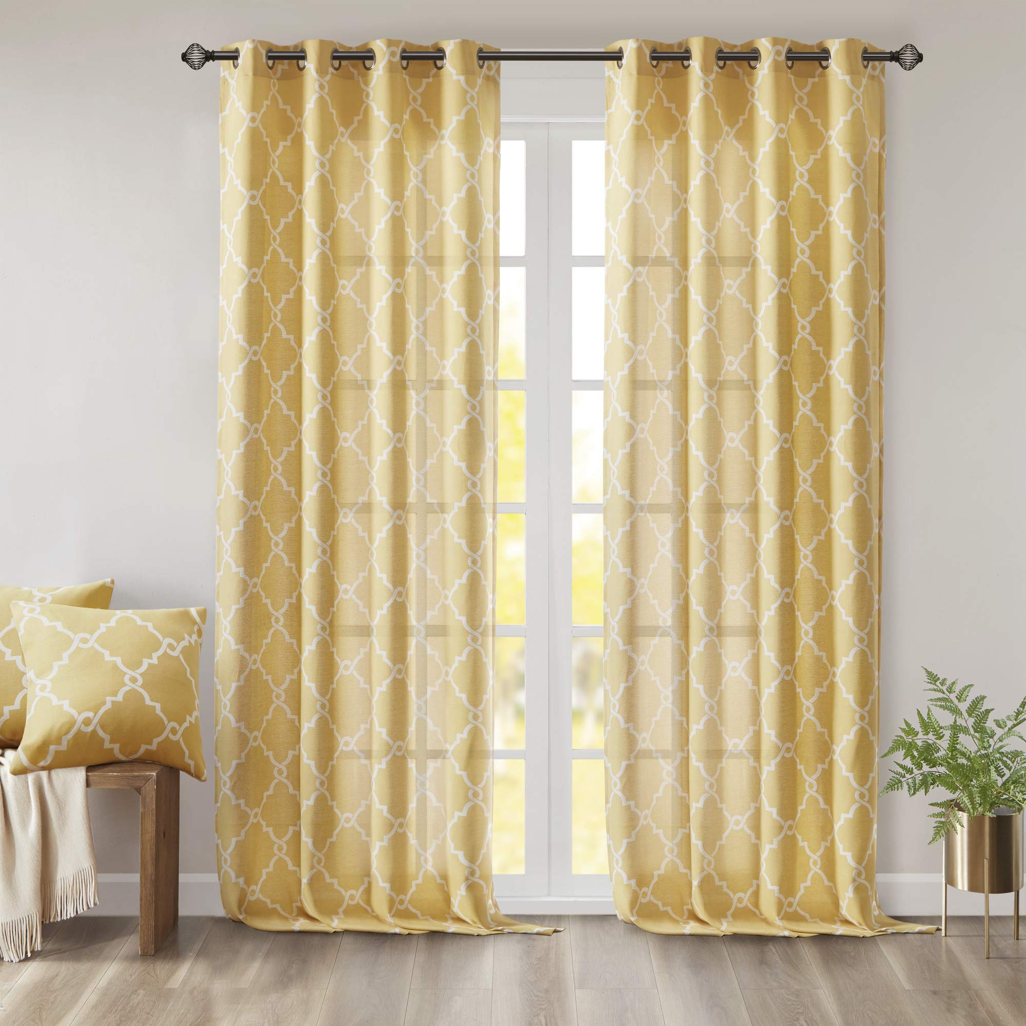 Madison Park Saratoga Single Window Curtain Light Filtering Fretwork Print 1 Panel Grommet Top Drape for Living Room Bedroom and Dorm, 50x95, Yellow/White