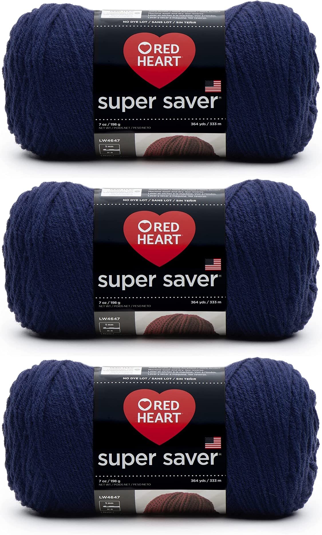 Red Heart Super Saver Pack of 3 - Soft Navy - 7oz/198g - Acrylic - 4 Medium (Worsted) - 364 Yards - Knitting, Crocheting, Crafts & Amigurumi — image 1
