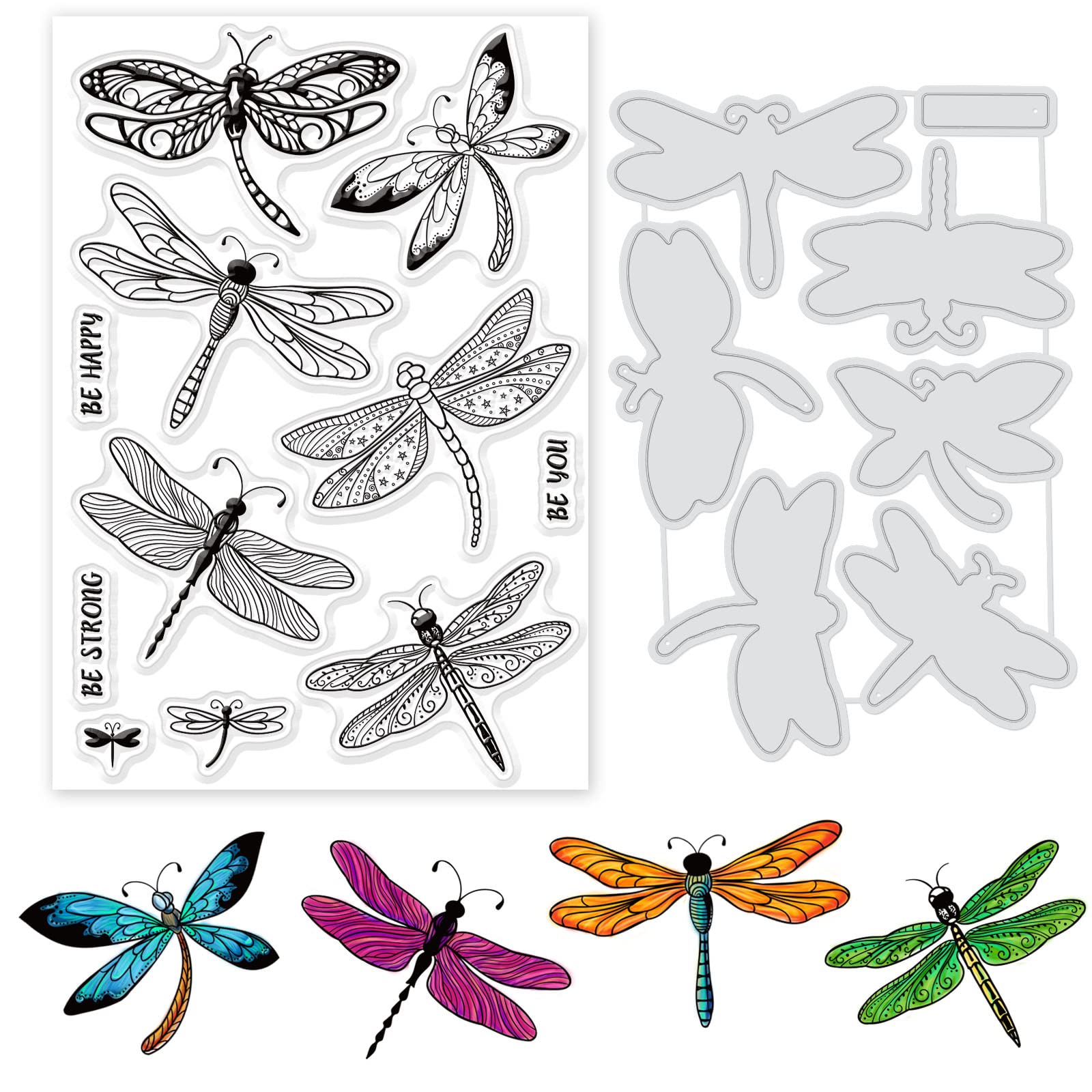 GLOBLELAND Dragonfly Theme Clear Stamps and Die Cuts Silicone Stamps Cards and Metal Cutting Dies for Card Making and DIY Embossing Scrapbooking