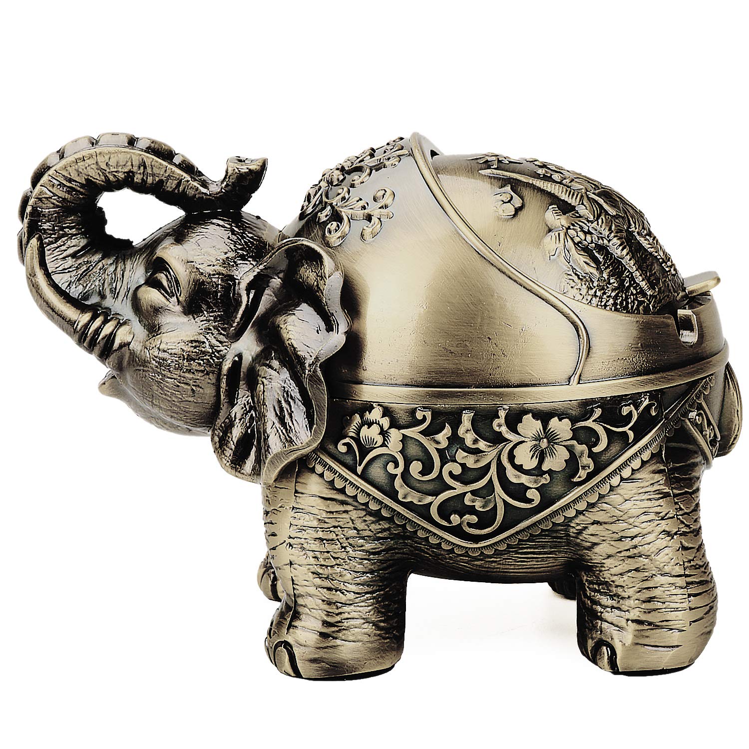 Vintage Decorative Windproof Ashtray with Lid for Cigarettes Metal Portable Cigar Ashtray Odor Indoor Outdoor Hand Carved Stand Lucky Elephant Fancy Ornament for Men Women (Bronze)