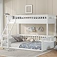 KEIKI Twin XL Over Queen Floor Bunk Bed, White Wooden Bunk Bed Frame with Ladder & Guardrail, Convertible to 2 Separated Kids Beds for Teens Bedroom, Easy Assembly, White