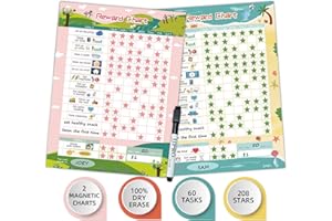 JJPRO Dry Erase Reward Chart for Kids, Magnetic Chore Chart for Kids, Reusable Routine Chart for Kids Behavior at Home.Includes 60 Tasks, 208 Stars and Two 11“ x 14.5" Magnetic Charts- Pink/Yellow