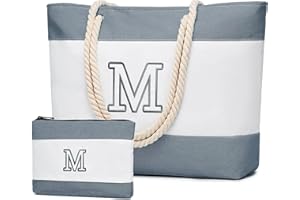 Becokan Initial Beach Bag Waterproof Canvas Beach Tote Bag Zipper Personalized Gifts for Women Her Birthday Travel Essentials