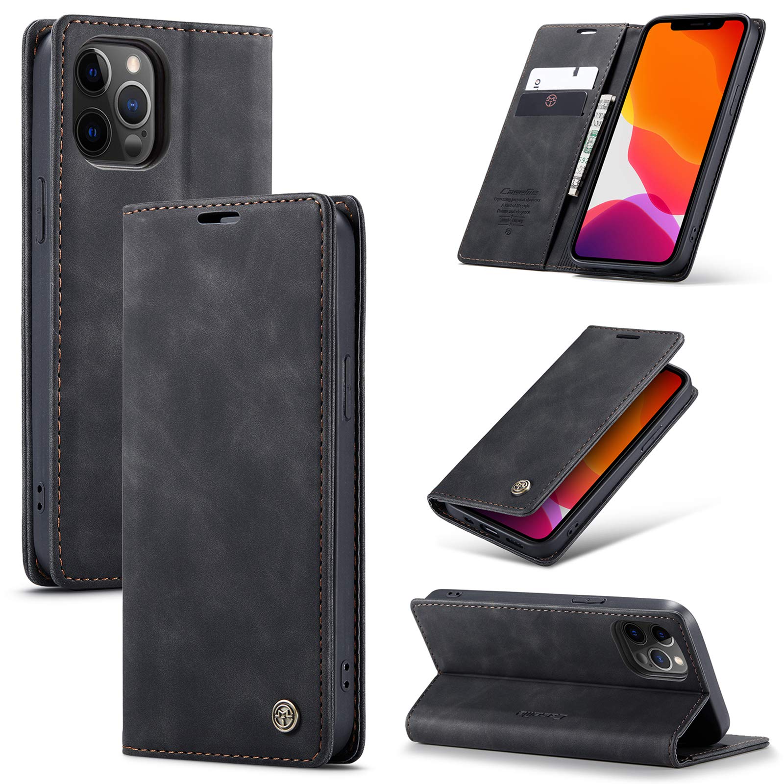 UFinetech Case for iPhone 12 Pro, Shockproof Anti-scratch Cover with iPhone 12 Pro (6.1”), Leather TPU Slim Soft Flip Folio Magnetic Closure Kickstand Card Holder Wallet 2-in-1 Camera Protector, Black — image 1