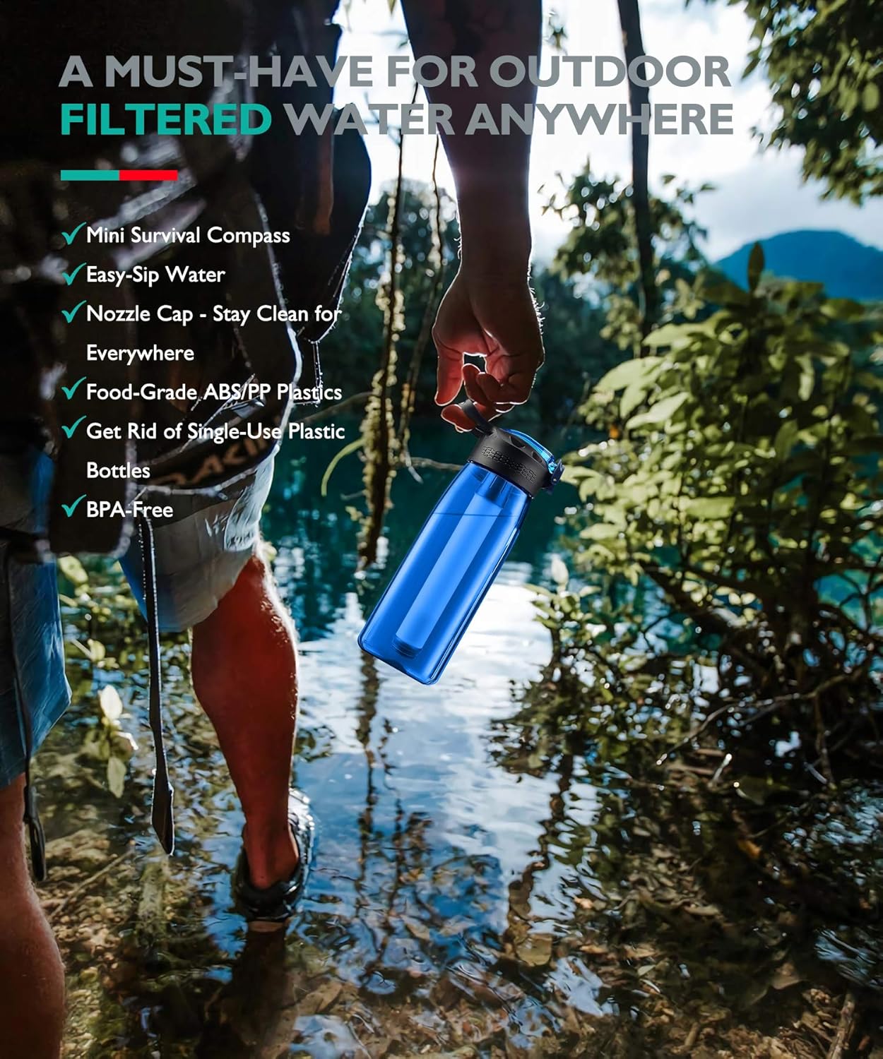Membrane Solutions Water Filter Bottle, Portable Filtered Water Bottle with Filter, 4 Stage Water Purifier Survival Gear for Camping, Travel, Emergency Preparedness, BPA Free Water Bottle 22 oz, Blue: Industrial & Scientific