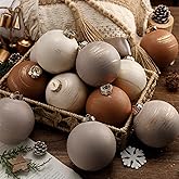 Yunlly 12 Pcs Neutral Textured Christmas Ball Ornaments Rustic Earth Toned Xmas Ornaments Antique Farmhouse Modern Christmas Decor for Tree Home Decor(Brown,Ivory,4 Inch,Rustic)
