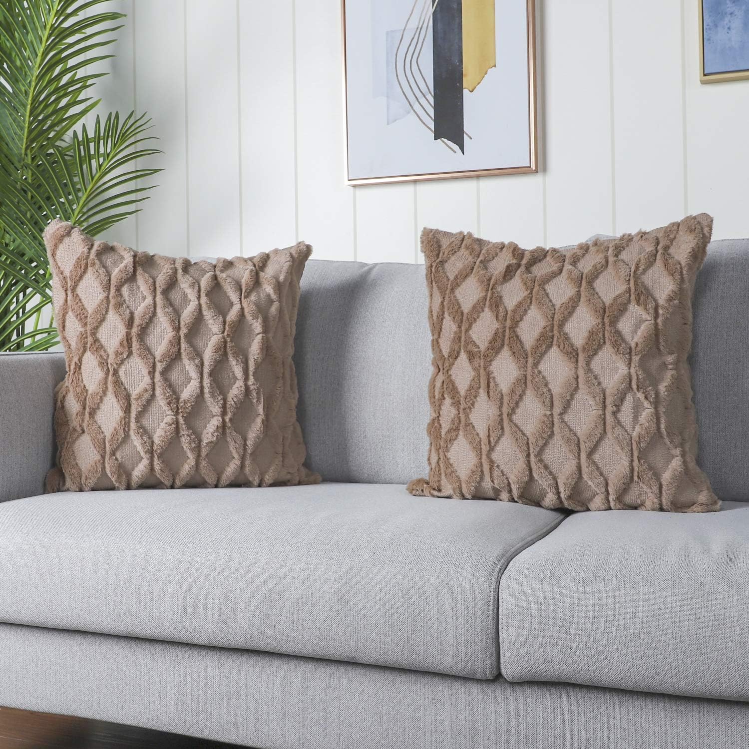 Madizz Pack of 2 Soft Plush Short Wool Velvet Decorative Throw Pillow Covers Luxury Style Cushion Case Pillow Shell for Sofa Bedroom Square Beige 16x16 inch: Home & Kitchen