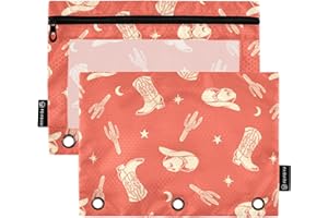 Fisyme Western Cacti Cowboy Pencil Pouch for 3 Ring Binder Pencil Case Pencil Bag Zipper Pouch with Clear Window for Office Supplies, 2 Pack