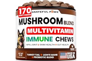 GRATEFUL PAWZ Mushroom Supplement for Dogs - 170 Chews - Mushrooms for Dogs - Turkey Tail, Reishi, Lion’s Mane, Glucosamine Multivitamin - Immune Booster, Gut, Hip & Joint Health Support Vitamins, Energy & Skin