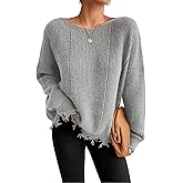 SISKIN Women’s Off The Shoulder Oversized Sweater 2025, Distressed Trim Slouchy Ribbed Casual Fall Sweater
