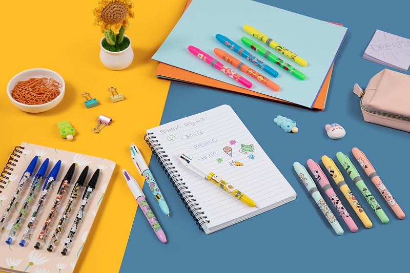 4 Colours Decors Kawaii-Reihe Druck-Kugelschreiber mit mittlerer Spitze (1,0 mm) in lustigen Titenfarben + BIC Highlighter Grip Decors mit Keilspitze – verschiedene Kawaii-Designs, Packung à 2+2