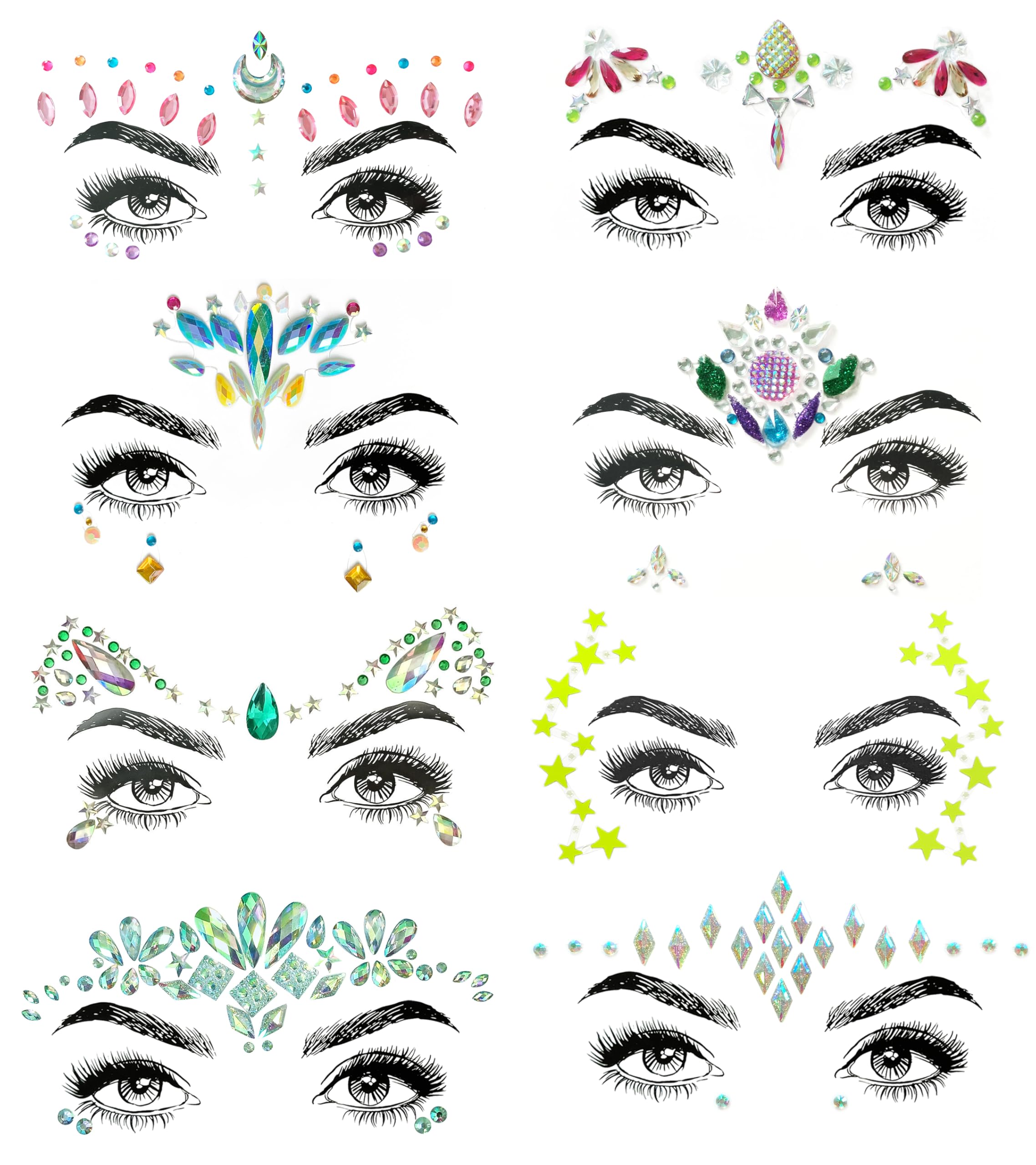 SHINEYES 8 Pcs Gemstone Face Stickers for Music Festival Holiday Party, Rhinestone Face decal for Halloween Christmas, Face Glitter Sticker Temporary Tattoo for Birthday Carnival