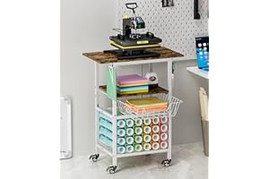 Ardier Movable Heat Press Machine Cart with Basket and Hooks, 3 Tier Crafting Shelf Organizer with Vinyl Roll Holder, Workben