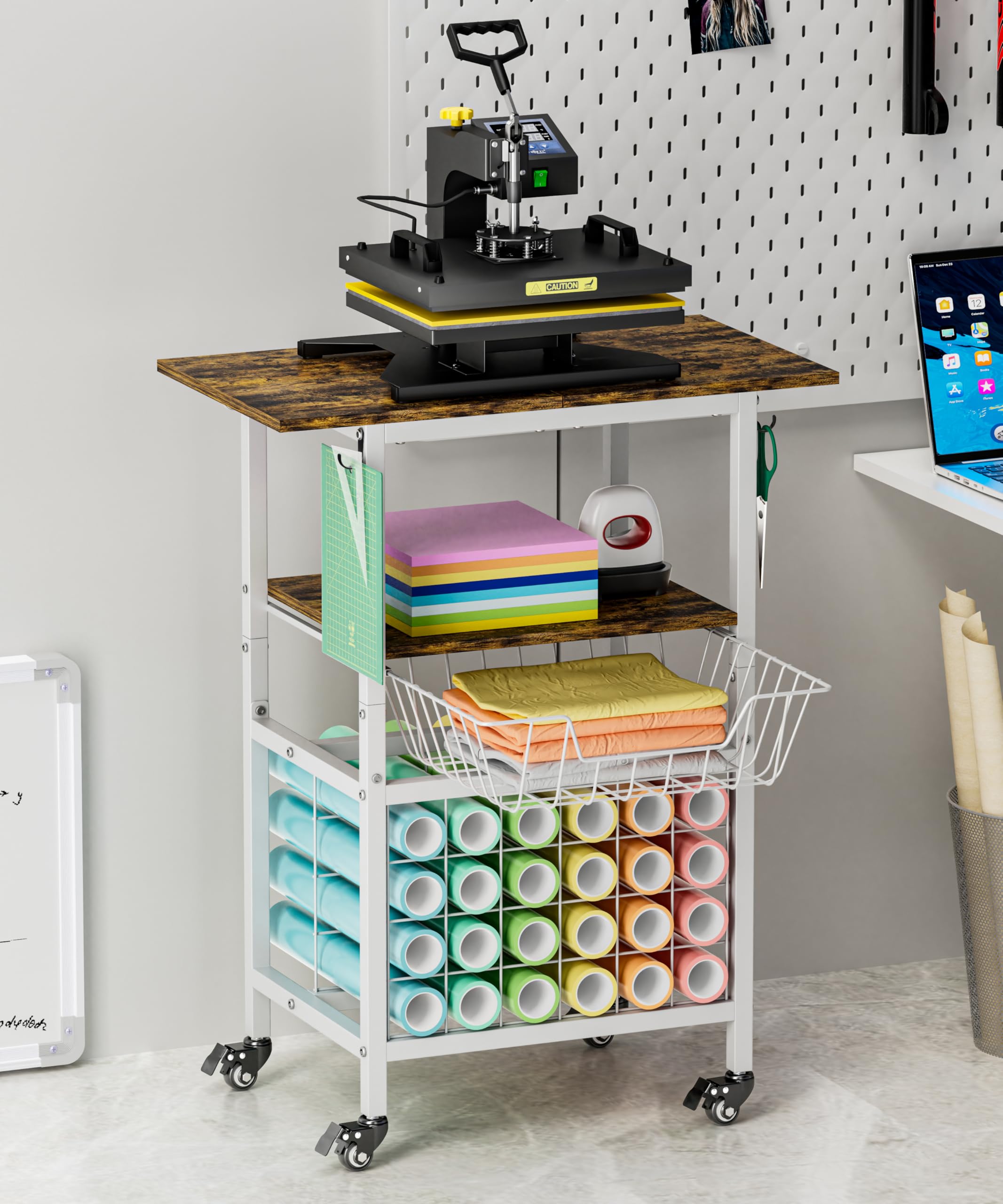 Photo 1 of Ardier Movable Heat Press Machine Cart with Basket and Hooks, 3 Tier Crafting Shelf Organizer with Vinyl Roll Holder, Workbench for DIY Sublimation Transfer Machine and Printer or T-shirt Maker, White
