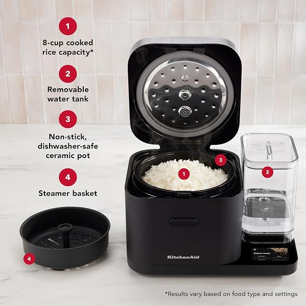 KITCHENAID GRAIN AND RICE COOKER 8 CUP WITH AUTOMATICALLY SENSING INTEGRATED SCALE + WATER TANK, KGC3155, BLACK MATTE