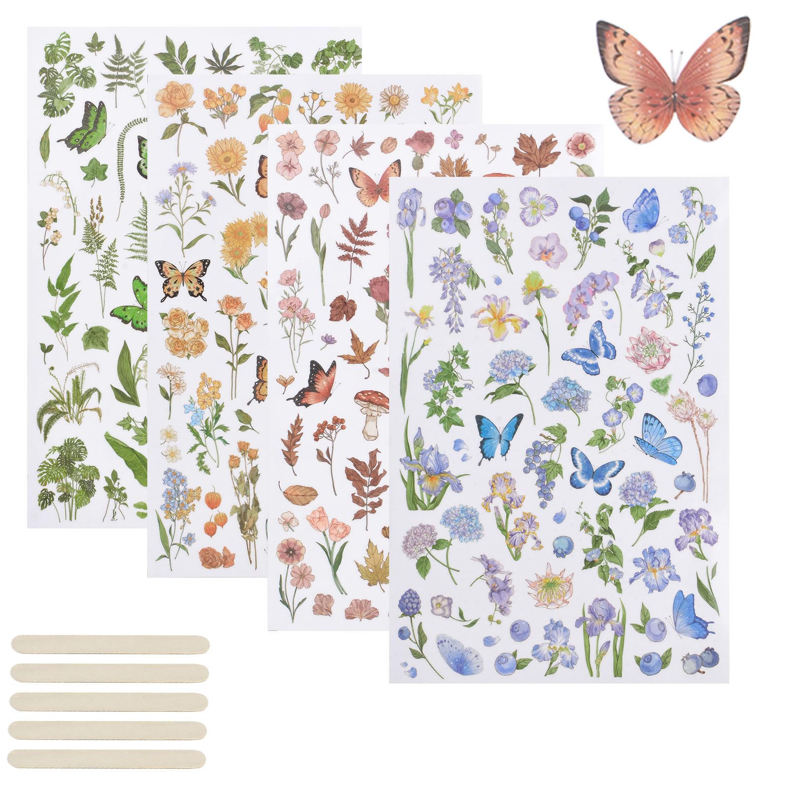 WANDIC 4 Sheets Large Rub On Transfer Stickers, Butterfly Flower Leaf Theme Stickers Decor Transfer Stickers for Scrapbook Journal Planner Album