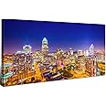 Charlotte City Skyline Wall Art Blue Night Cityscape Wall Decor North Carolina City Panoramic Landscape Canvas Prints Pictures Modern Skyscraper Artwork for Living Room Office Home Decoration 24x48"