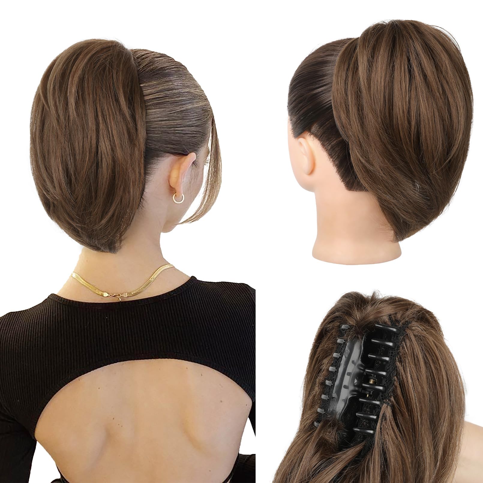 Photo 1 of NTYNTY Ponytail Extension - 10" Short Claw Clip in Ponytail Hair Extensions Messy Bun Hair Piece Natural Soft Synthetic Straight Pony Tail Hair Pieces for Women - Ginger Brown