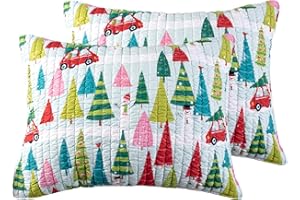 Levtex Home Merry & Bright Collecion - Holly Jolly - Quilted Standard Sham (Pack of 2) - Christmas Tree - Red Green Teal Pink - Reversible - Microfiber