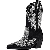 Bapolee Women's Sparkly Rhinestone Bling Cowgirl Suede Western Boots Shiny Pointed Toe Chunky Heel Glitter Ankle Booties