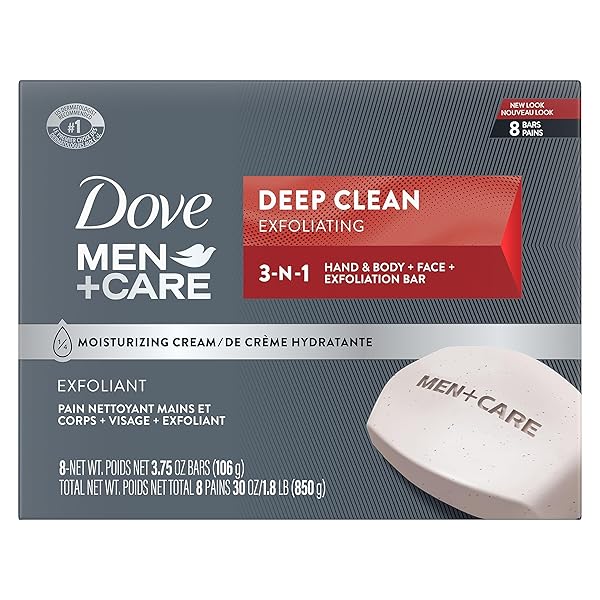DOVE MEN+CARE MEN’S BAR SOAP DEEP CLEAN 8 BARS MORE MOISTURIZING THAN BAR SOAP EFFECTIVELY WASHES AWAY BACTERIA, NOURISHES YOUR SKIN 3.75 OZ