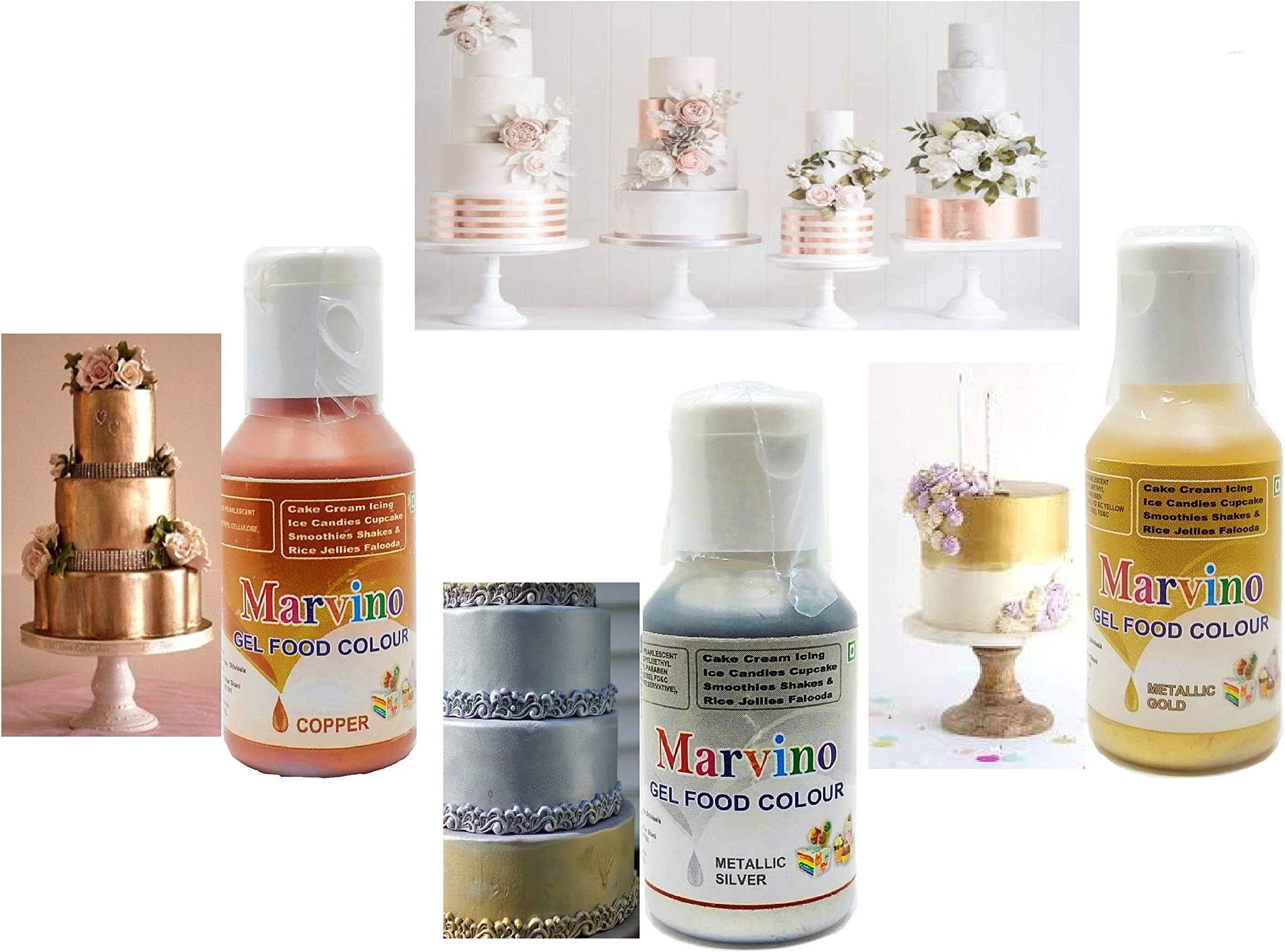 Marvino Gel Color Shiny Silver Gold & Copper for Cake Icing and Edible Foods