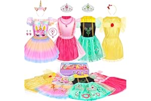 Teuevayl Princess Dress Up Costume for Little Girls, Kids' Dress Up Pretend Play Clothes Girls Dress Up Trunk with Princess Dresses Crown, Princess Toys Gift for Little Girls Age 3-6 Years