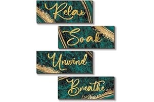 ONIZHITY 4 Pcs Green and Gold Bathroom Decor Green Gold Wall Decor Relax Soak Unwind Breathe Wooden Rustic Marble Style Bathroom Accessories for Bedroom Living Room Office Kitchen(Green Gold 10X4)