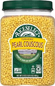 RiceSelect Pearl Couscous with Turmeric, Israeli-Style Couscous Wheat Pasta | Small oven-toasted pasta pearls with turmeric p