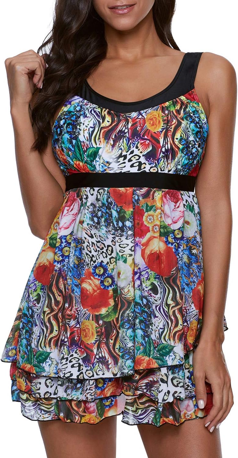 SENSERISE Womens 2 Piece Swimdress Tankini Top Set with Boy Shorts Vintage Slimming Swimsuits Swimwear