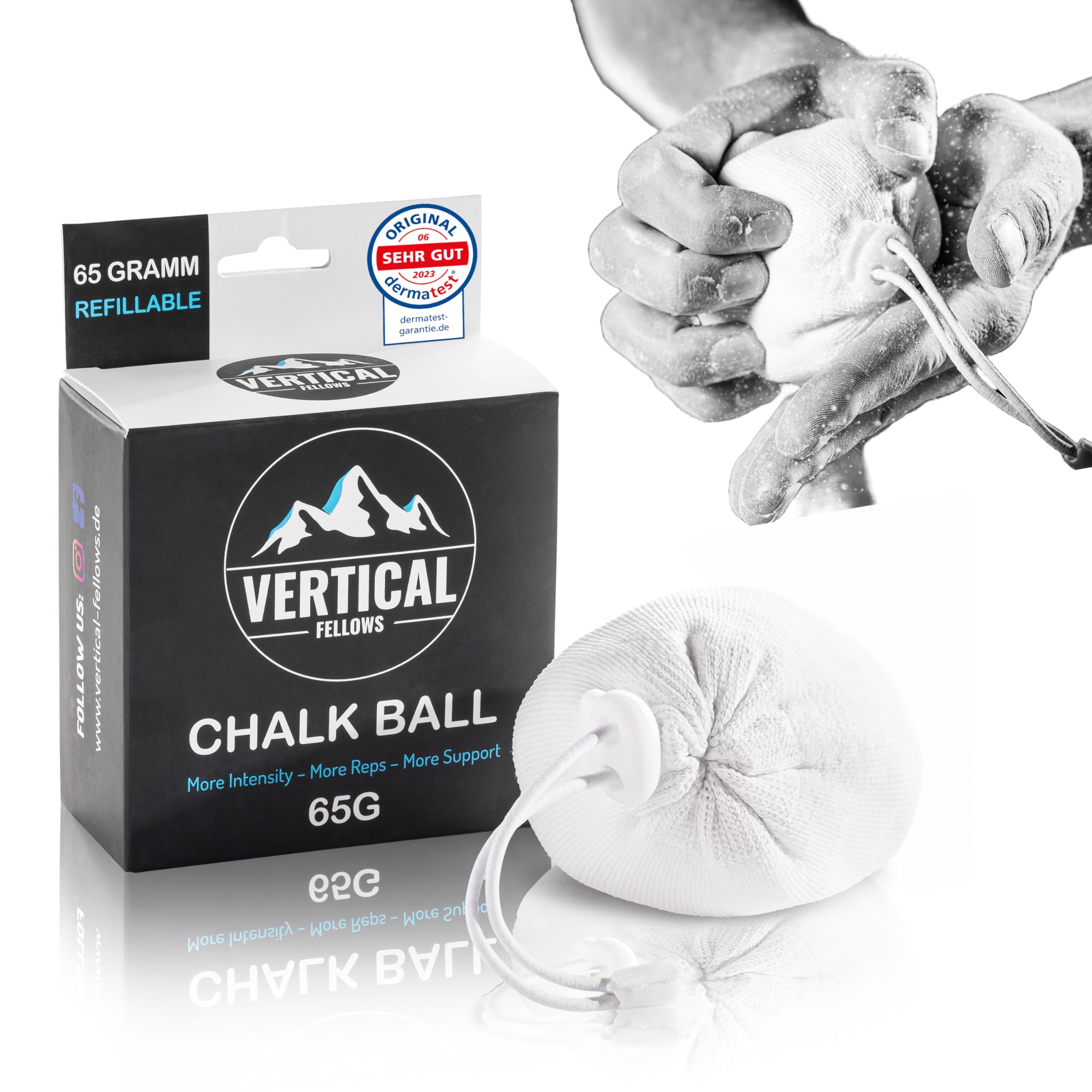 VERTICAL FELLOWS Chalk Ball 65 grams refillable - DERMATEST very good - ideal chalk & magnesia chalk ball for climbing, bouldering, gymnastics, weightlifting, cross fit