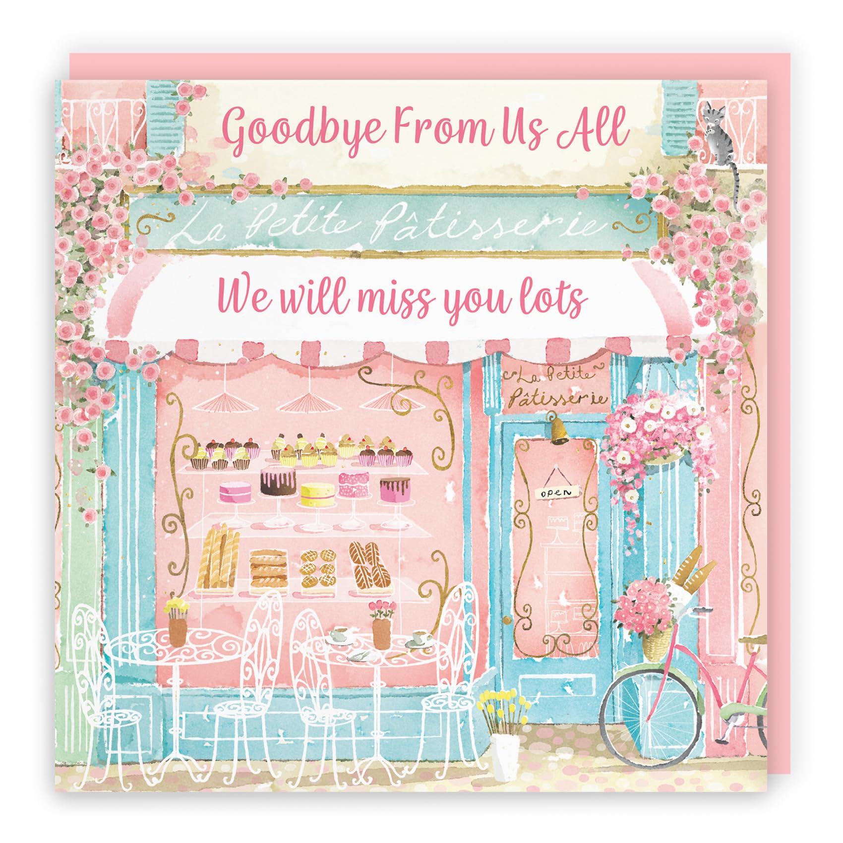 Hunts England - La Petite Patisserie Leaving Card From Us All - Charming Pink Bakery, Pretty French Cafe Floral Design - Goodbye From Us All - Farewell Card For Friend, Employee, Colleague, Boss