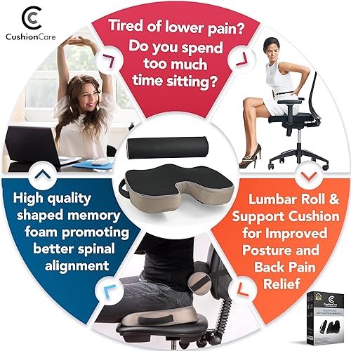 2pc Ergonomic Seat Cushion Lumbar Roll Combo for Chair Pain and