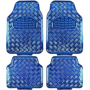 BDK Universal Fit 4-Piece Set Metallic Design Car Floor Mat - Heavy Duty All Weather with Rubber Backing (Blue)